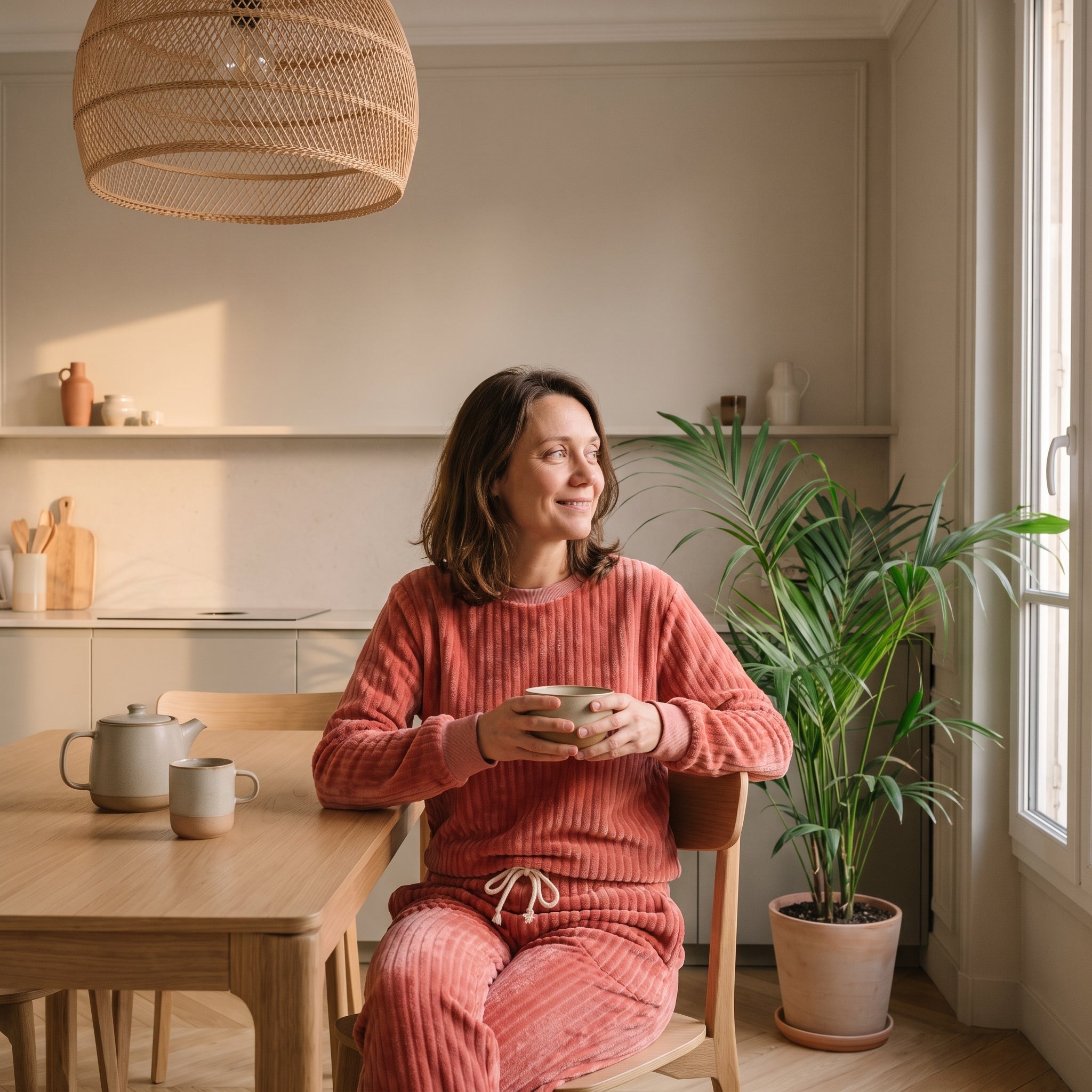 Femme attablée au coin repas, une tasse dans les mains, en pyjama en peluche côtelée rouge brique. Image