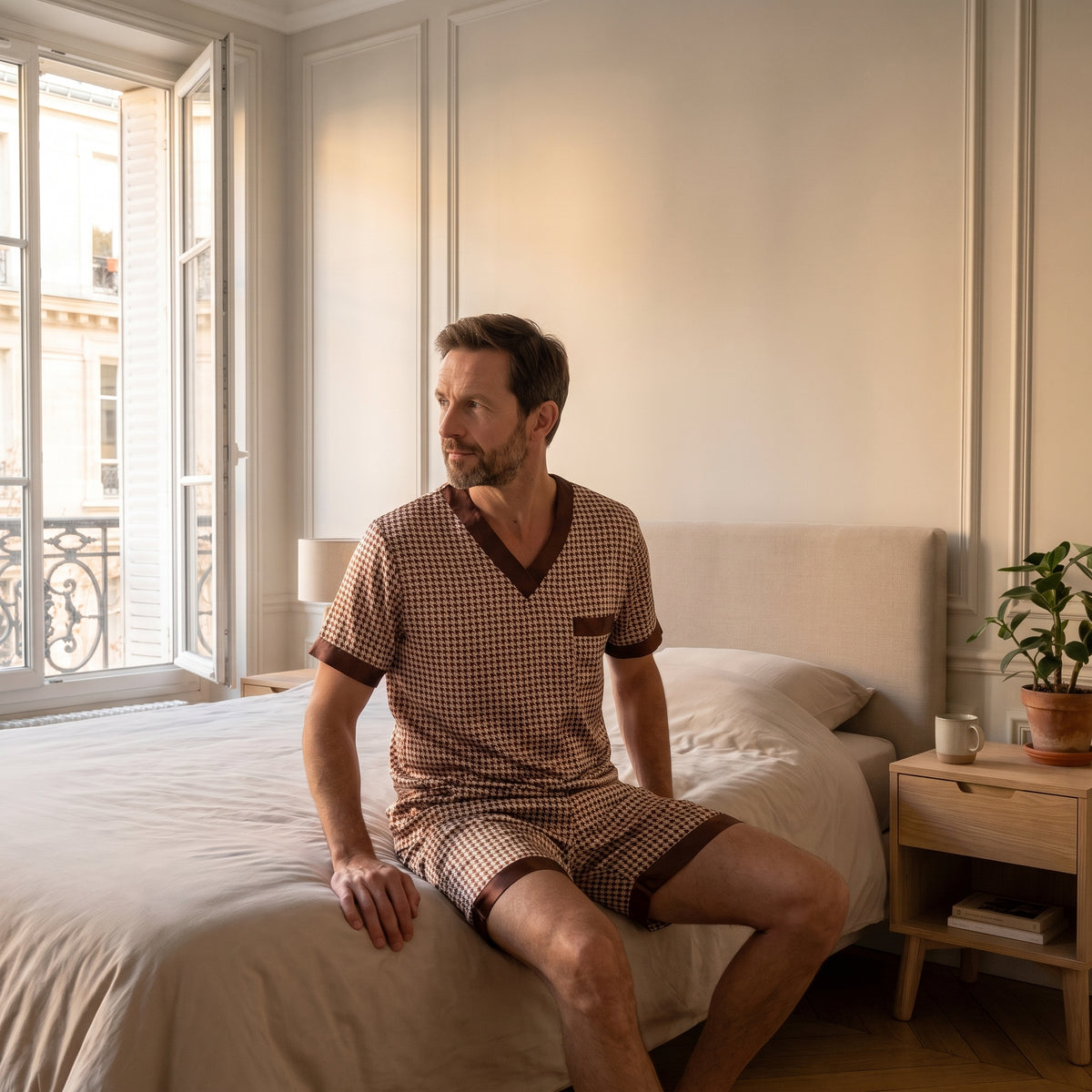 Homme en pyjama de satin pied-de-poule assis au bord du lit, la fenêtre de la chambre ouverte Image