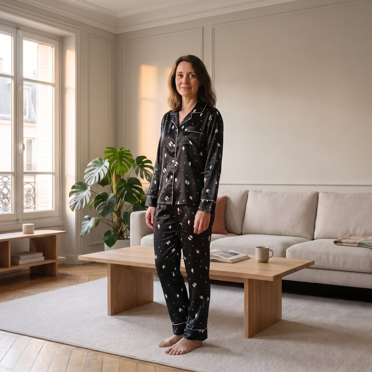 Pyjama léger femme porté en pied dans un salon Image
