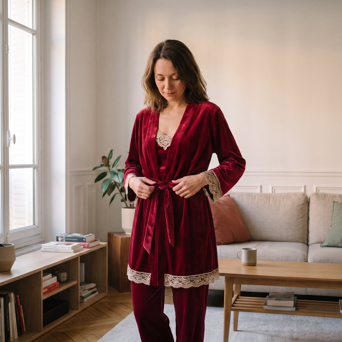Femme nouant la ceinture de sa robe de chambre en velours dans son salon Image