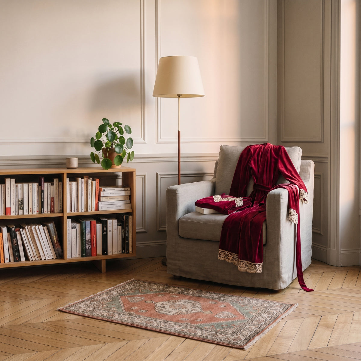 Robe de chambre en velours posée sur le fauteuil du coin lecture Image