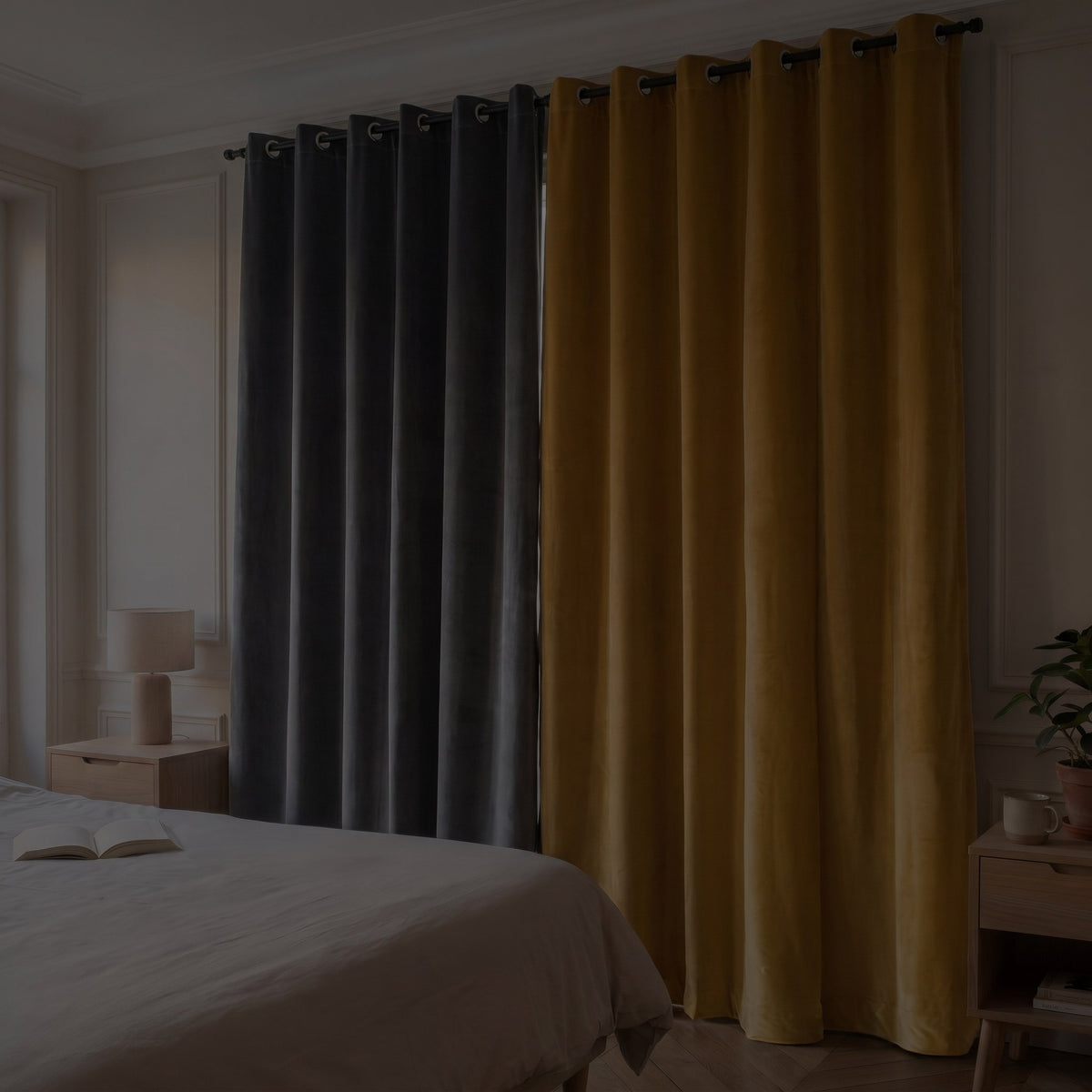 Chambre dans la pénombre en plein jour, le rideau de velours tiré devant la fenêtre jusqu’au parquet Image