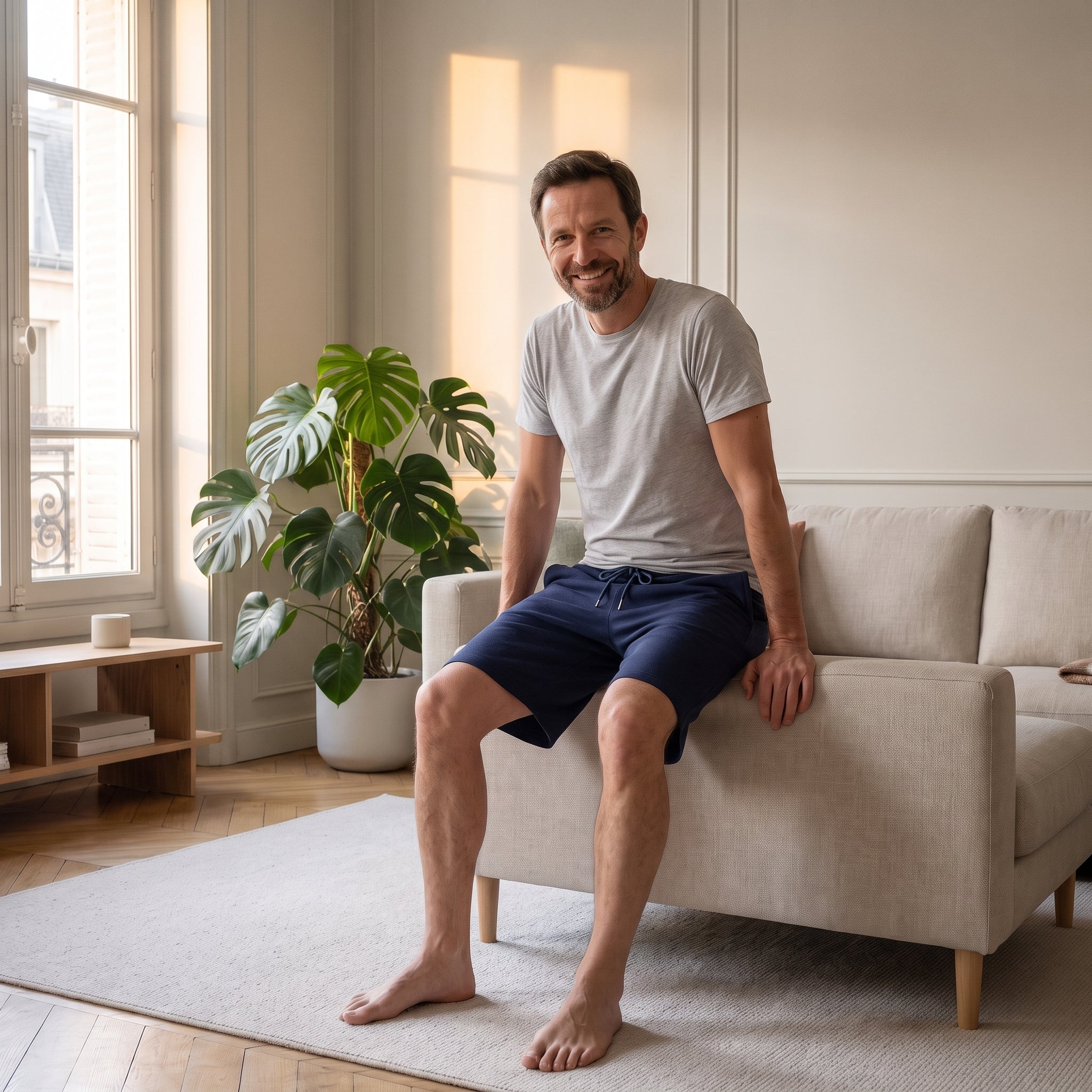 Homme assis dans le canapé en short bermuda bleu marine Image