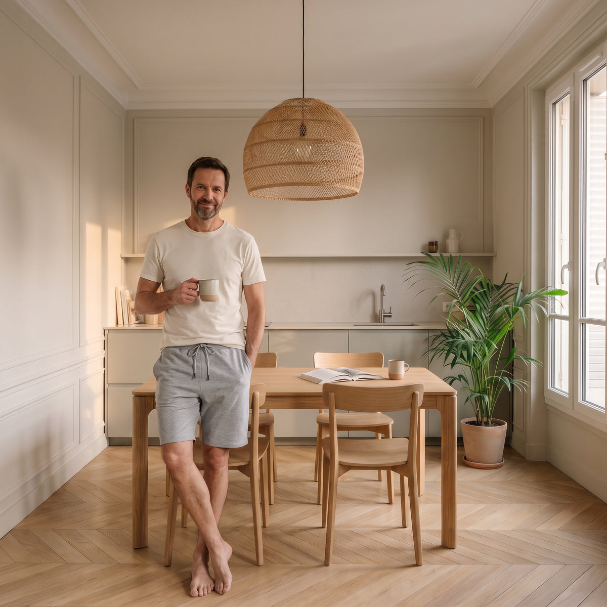 Homme en short bermuda gris chiné, une tasse à la main, dans le coin repas un matin d'été Image