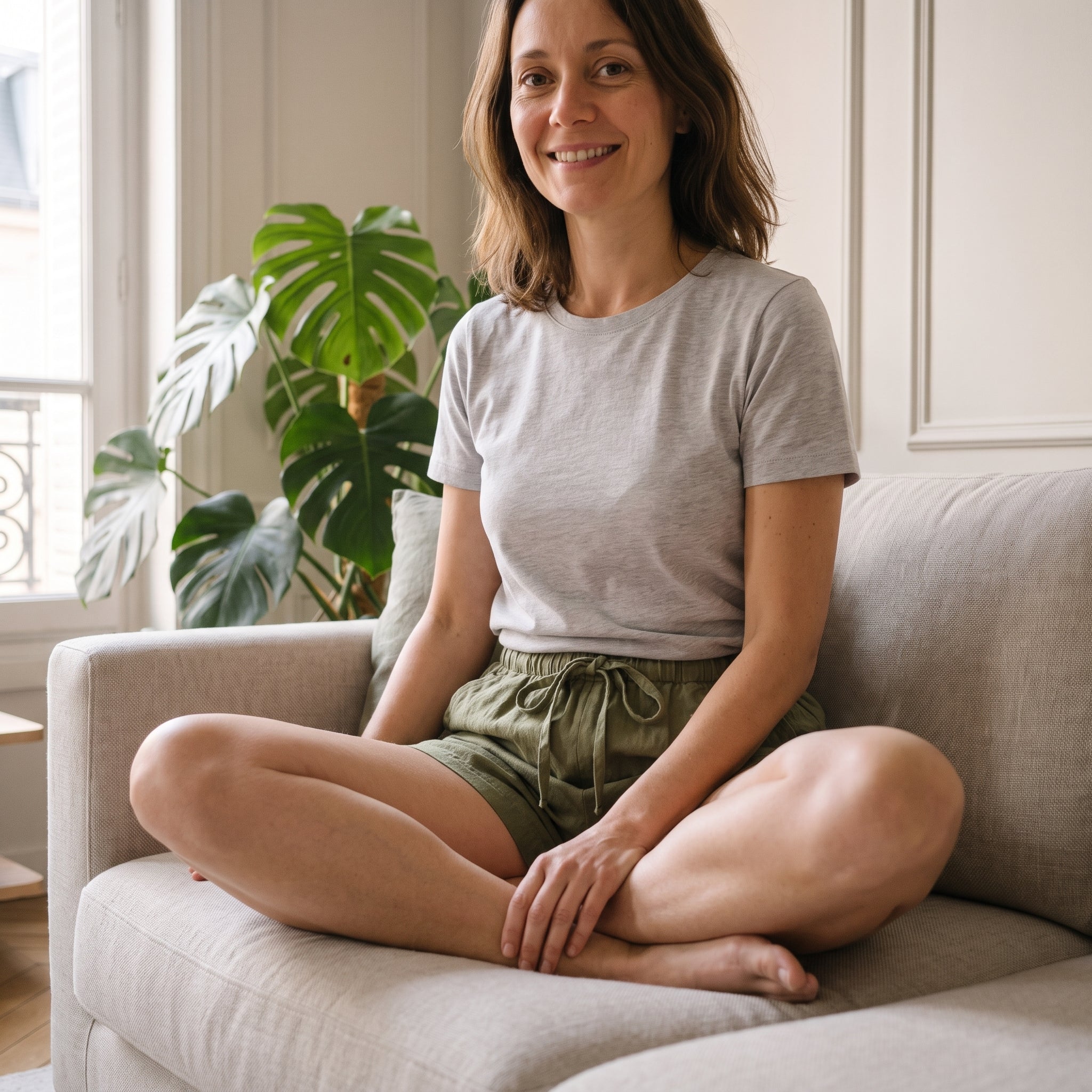 Femme assise en tailleur sur un canapé, en short en coton et lin vert Image