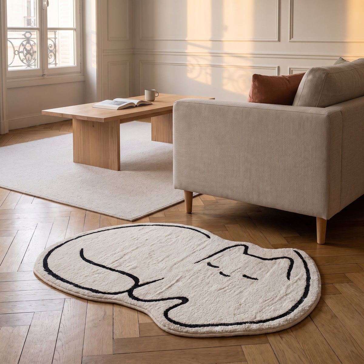 Tapis en forme de chat, écru au trait noir, déroulé sur le parquet au bout d'un canapé Image