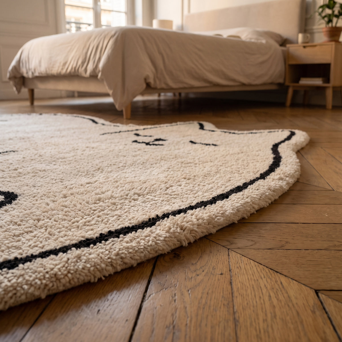 Lisière du tapis chat et épaisseur de ses fibres au ras du parquet Image