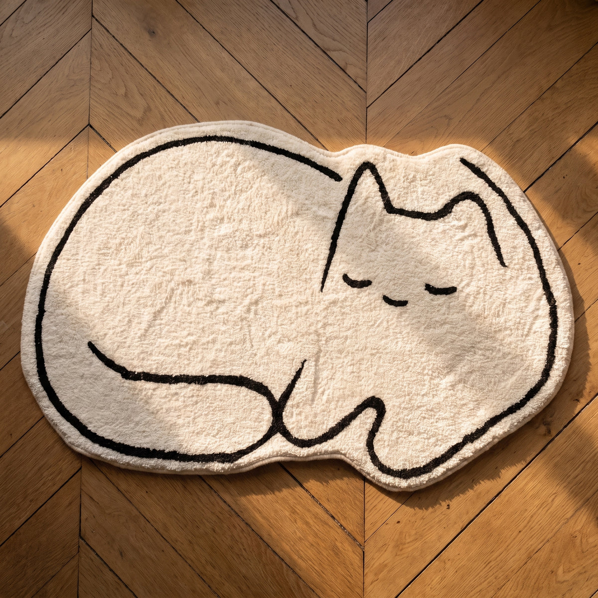 Tapis en forme de chat, écru au trait noir, vu du dessus sur un parquet en point de Hongrie Image