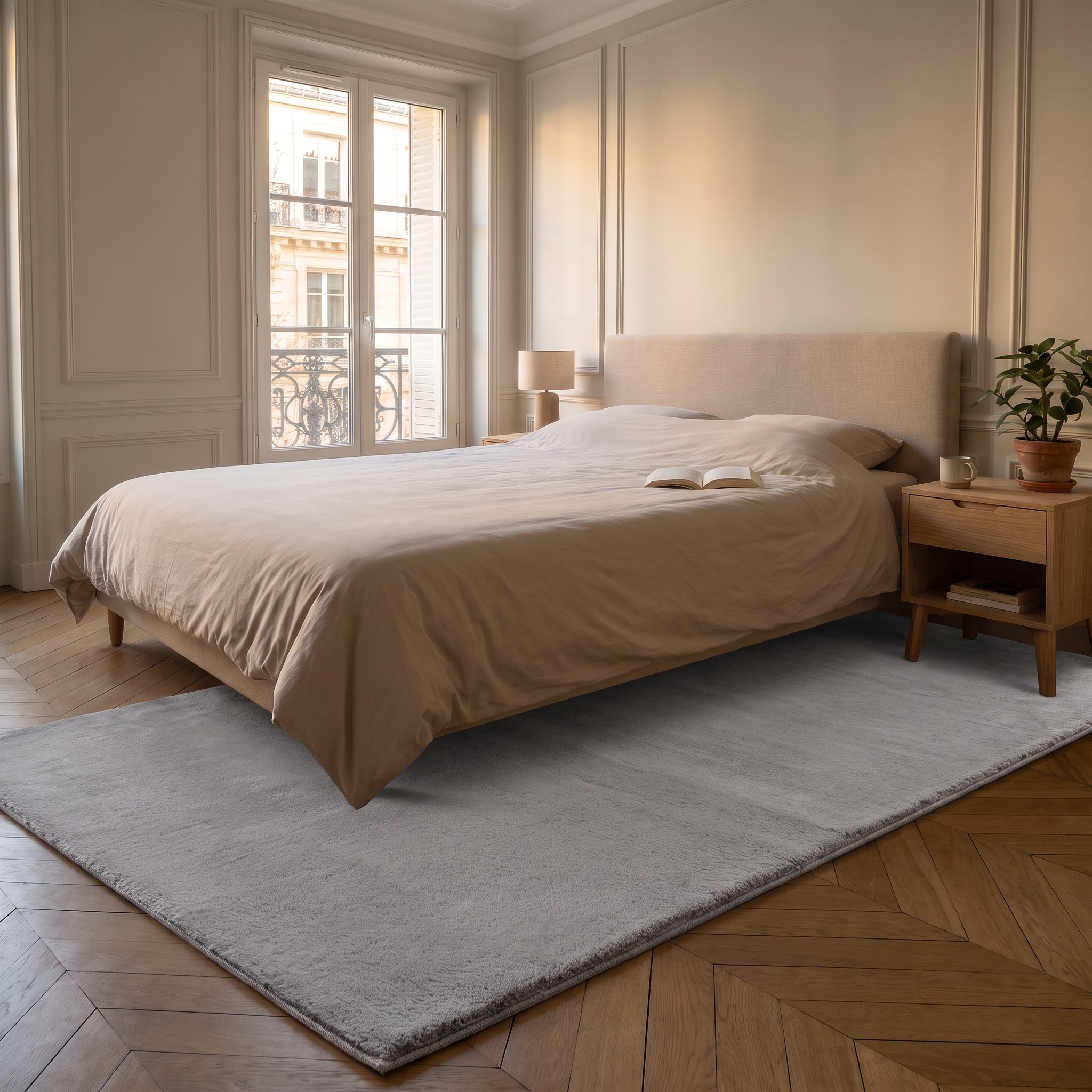 Tapis en fausse fourrure gris clair posé le long d'un lit, dans une chambre lumineuse Image