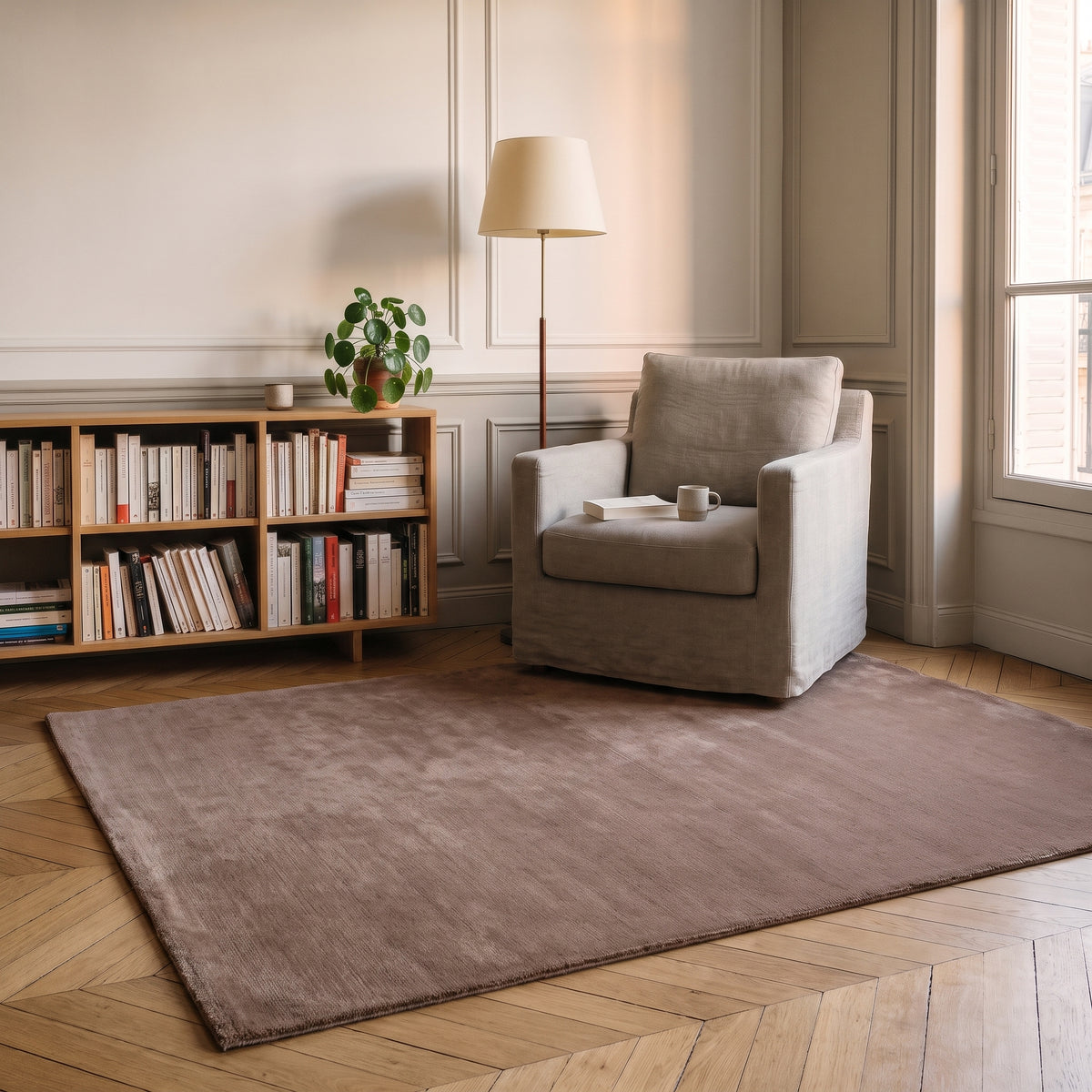 Tapis en fausse fourrure marron posé sous un fauteuil de lecture, devant une bibliothèque basse Image