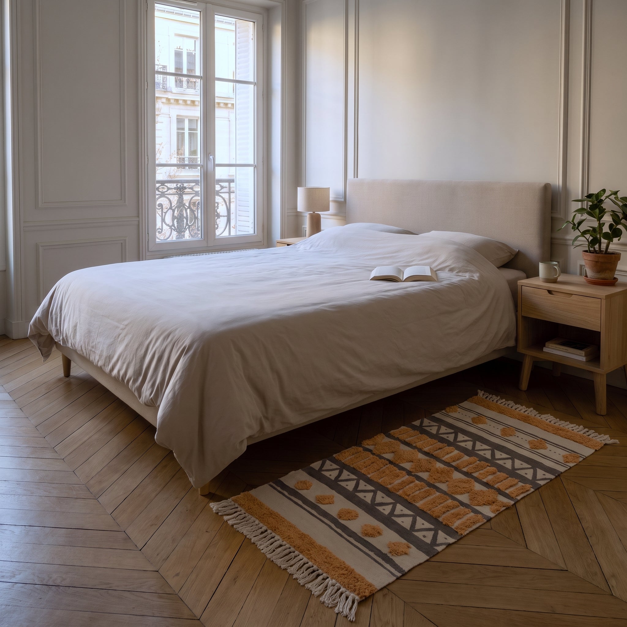 Tapis d'inspiration orientale posé au pied du lit sur un parquet en point de Hongrie Image