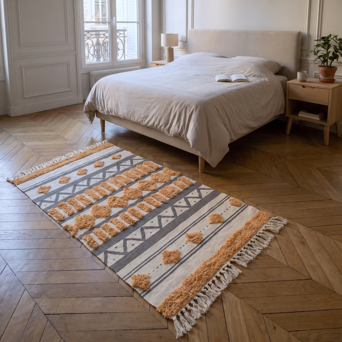 Tapis d'inspiration orientale déroulé à plat, le parquet nu visible tout autour Image