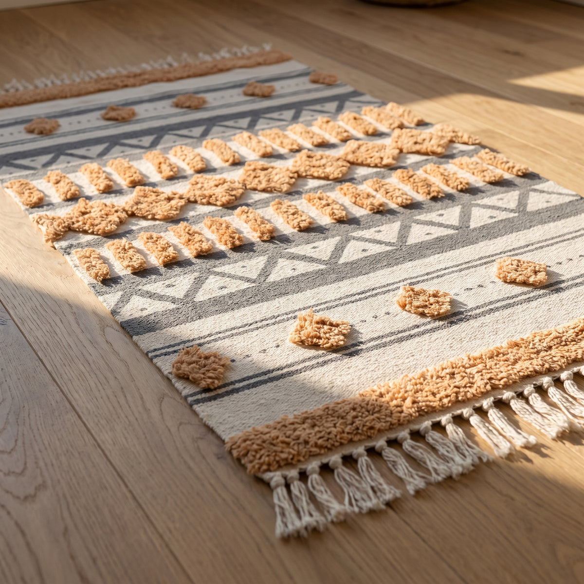 Tapis d'inspiration orientale déroulé sur un parquet clair, ses motifs abricot en relief et sa frange écrue Image