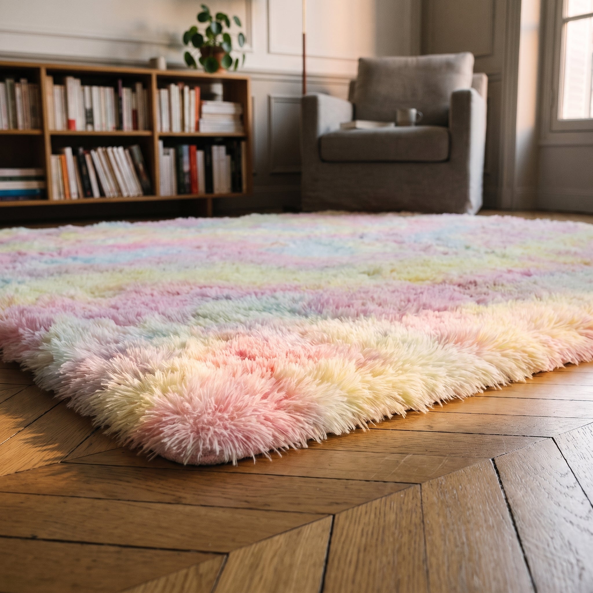 Le bord du tapis shaggy pastel arc-en-ciel sur un parquet en point de Hongrie Image