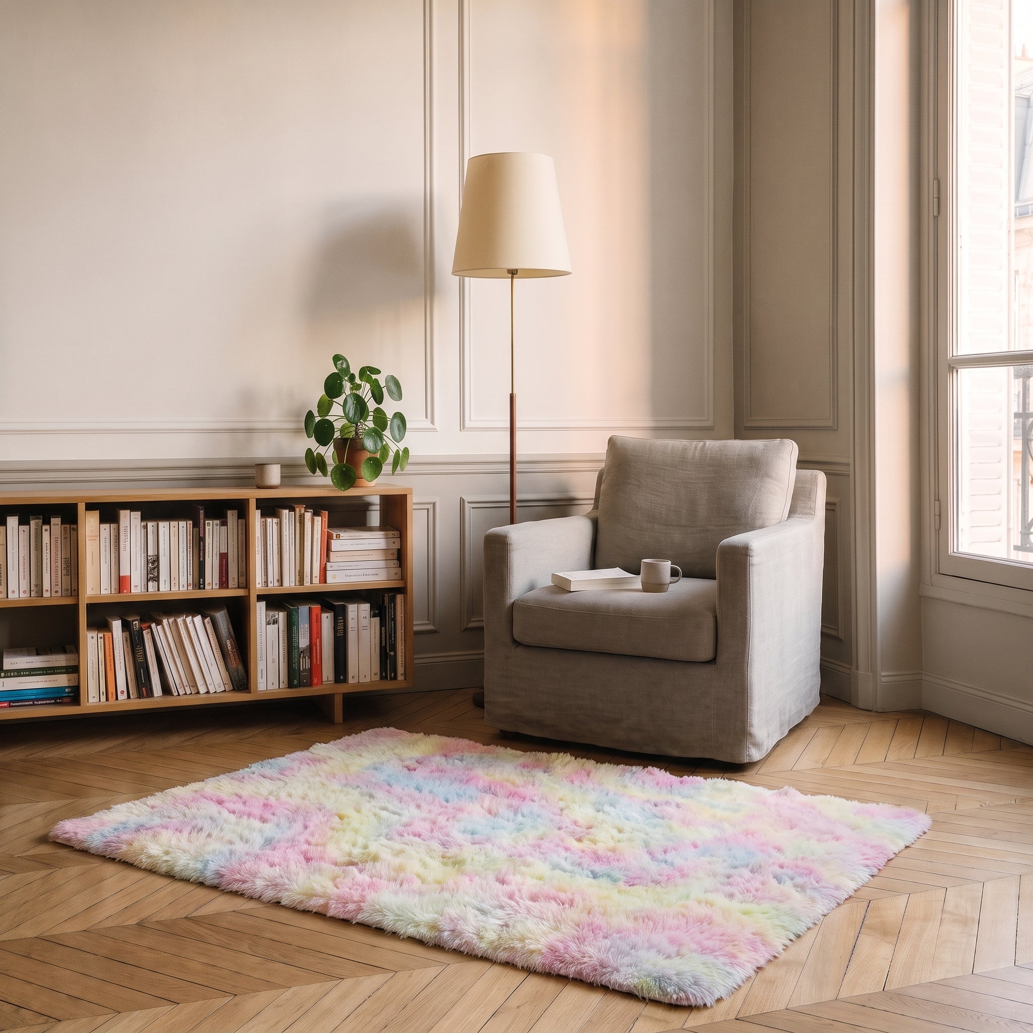 Tapis shaggy pastel arc-en-ciel devant un fauteuil de lecture Image