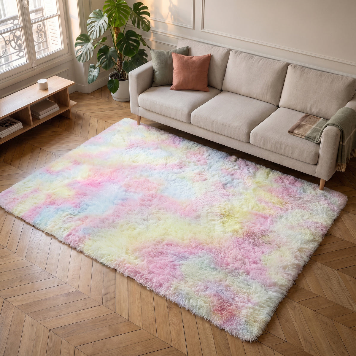 Tapis shaggy pastel arc-en-ciel posé à plat sur le parquet, vu de dessus Image