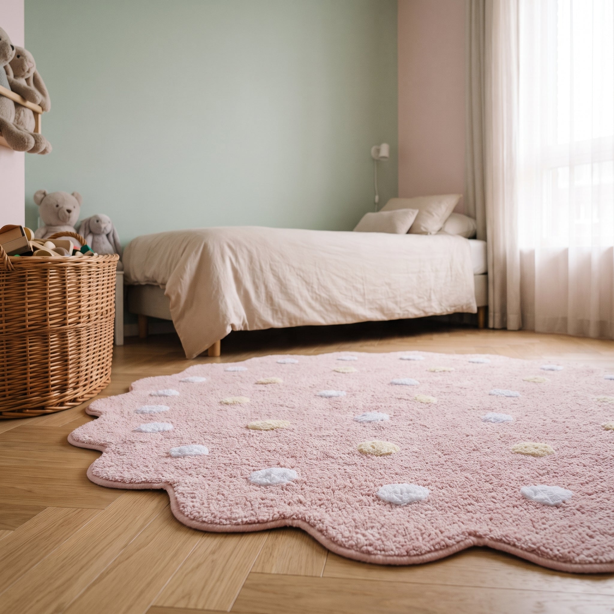 Tapis rond à pois vieux rose posé au ras du parquet d'une chambre d'enfant Image