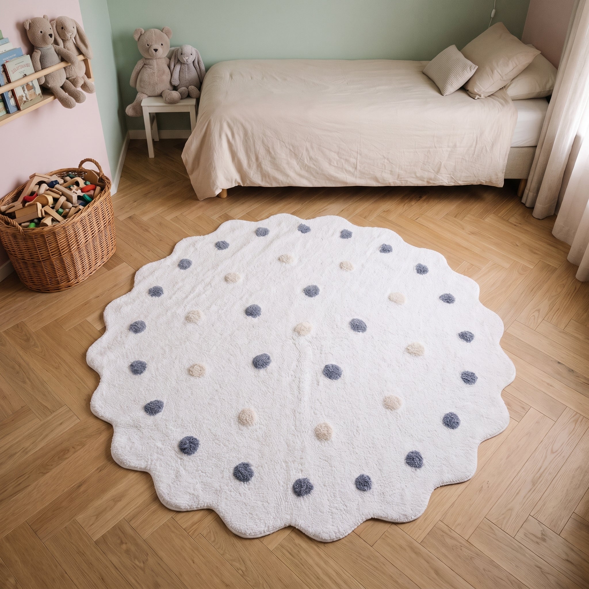 Le bord festonné du tapis rond blanc à pois vu de haut dans une chambre Image