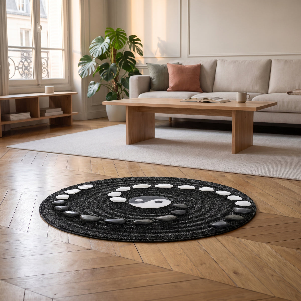 Tapis rond zen noir et blanc, motif yin yang et galets, déroulé à même le parquet d'un salon, vu au ras du sol Image