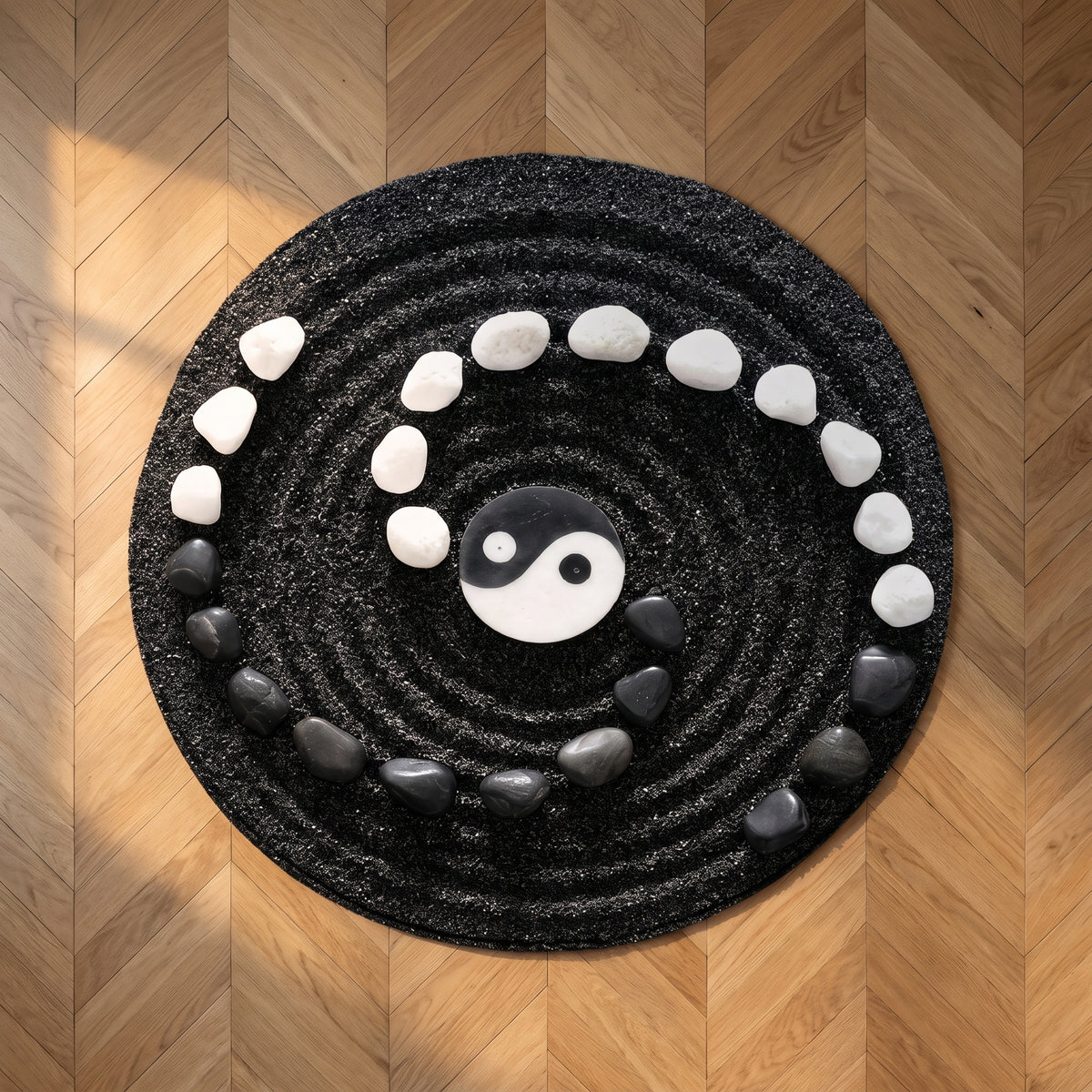 Tapis rond zen noir et blanc, motif yin yang et galets, vu du dessus sur un parquet en point de Hongrie Image