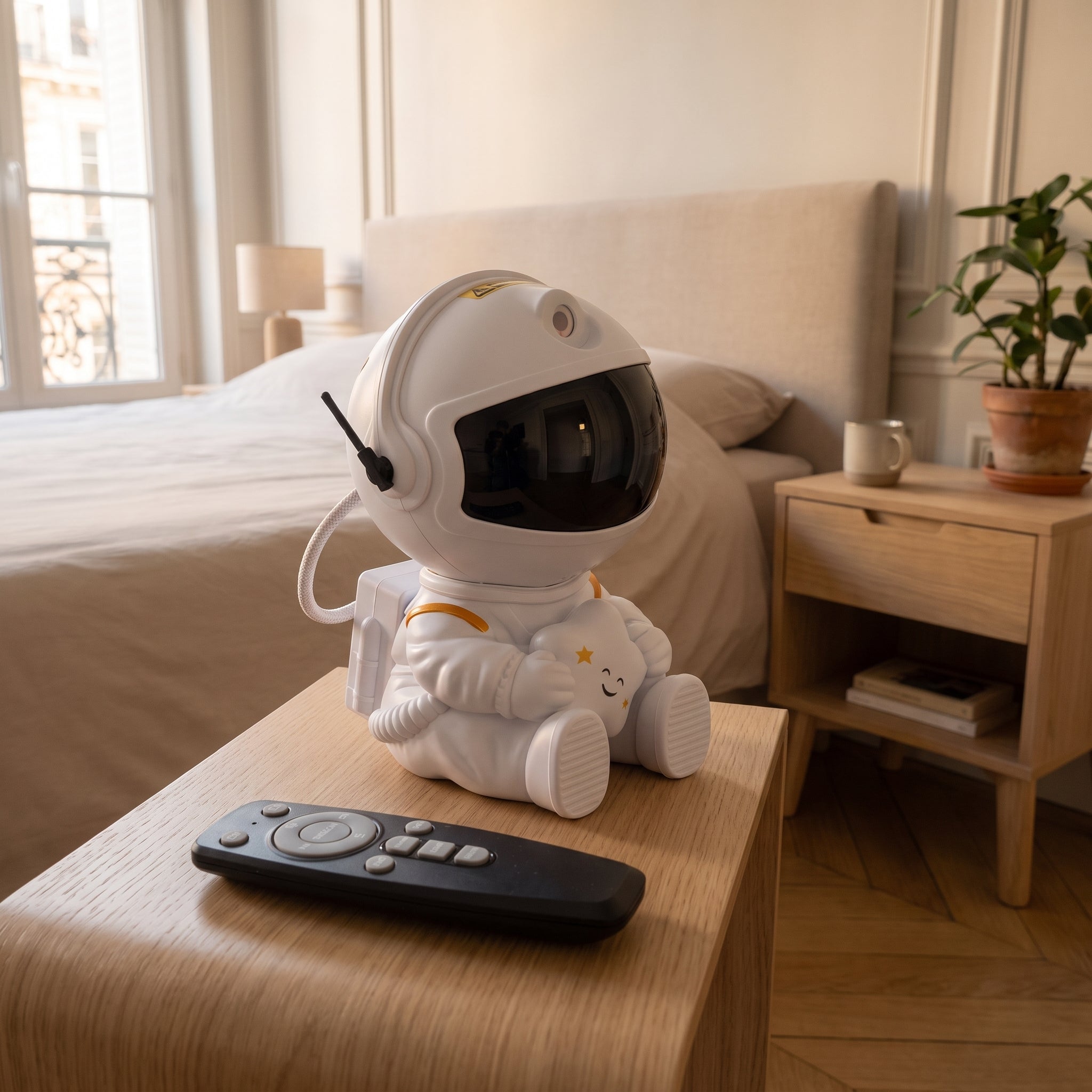 Veilleuse astronaute et sa télécommande posées sur la table de chevet Image