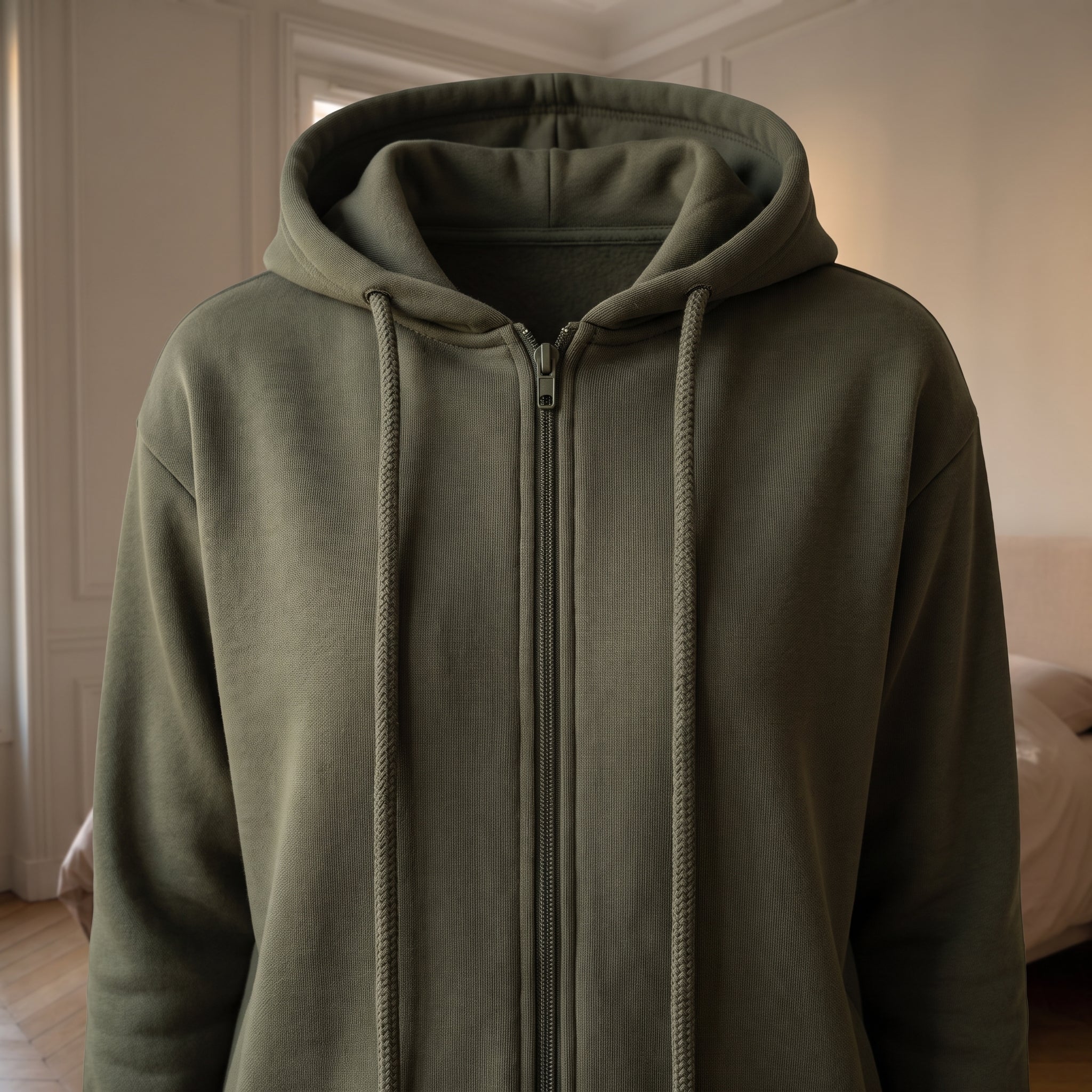 Gros plan sur le zip et les cordons de capuche, maille de molleton vert kaki Image