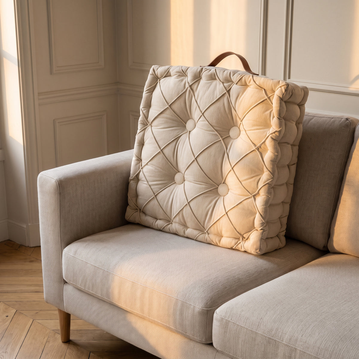 Coussin capitonne ecru dans le canape