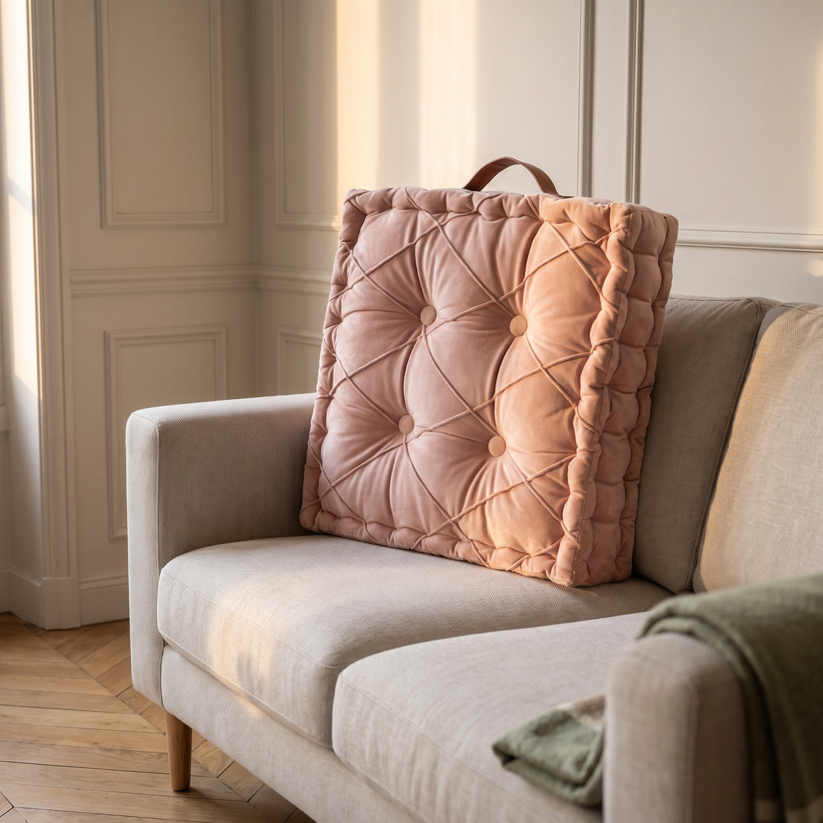 Coussin capitonne rose dans le canape