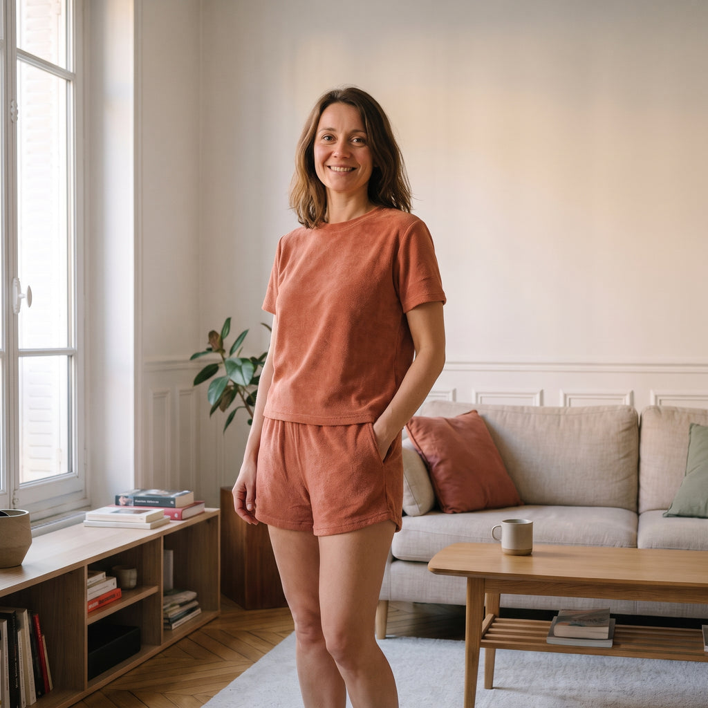 Ensemble d'été en éponge pour femme, coloris terracotta, t-shirt et short portés dans un salon