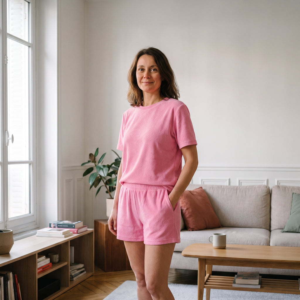 Ensemble d'été en éponge pour femme, coloris rose, t-shirt et short portés dans un salon