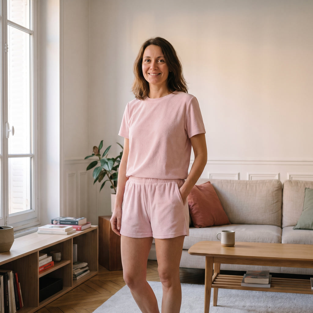 Ensemble d'été en éponge pour femme, coloris rose pâle, t-shirt et short portés dans un salon