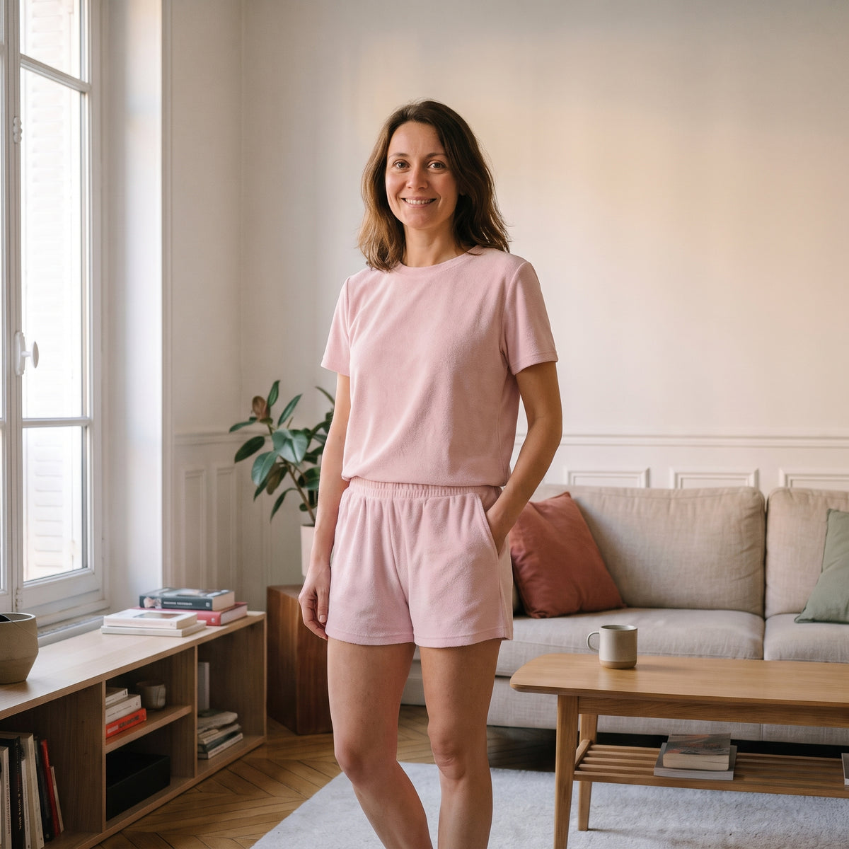 Ensemble d'été en éponge pour femme, coloris rose pâle, t-shirt et short portés dans un salon