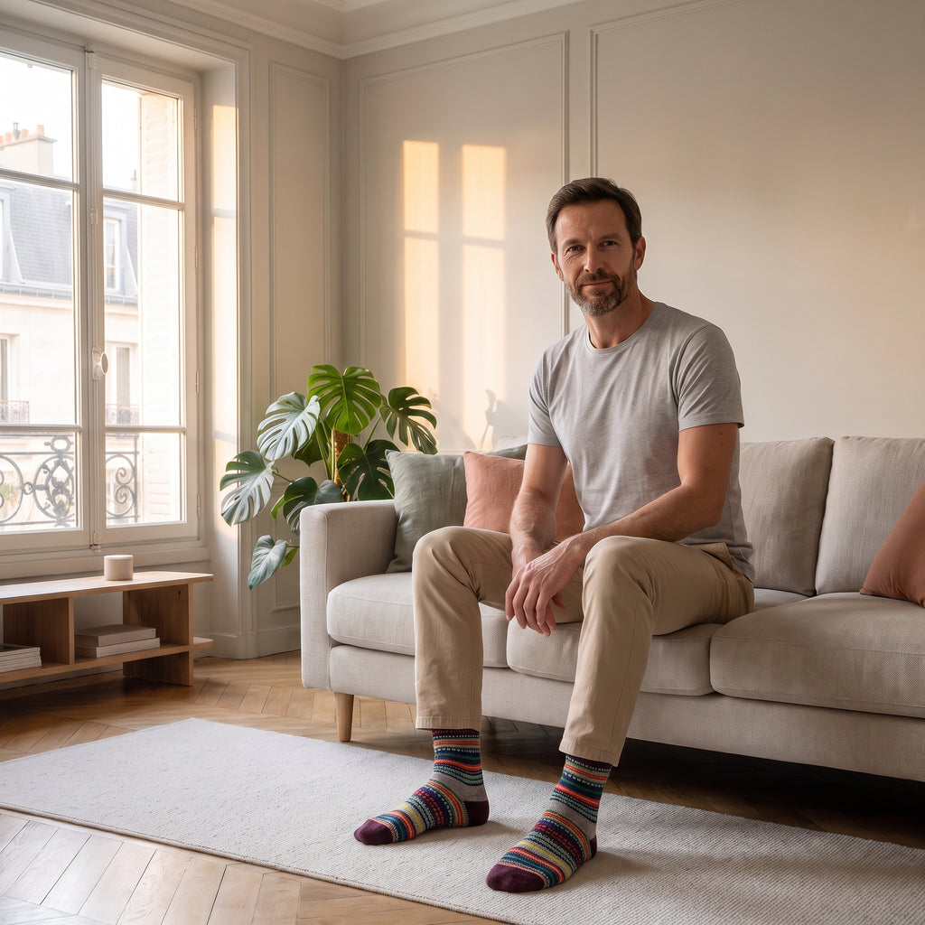 Chaussettes chaudes à rayures multicolores portées par un homme au salon