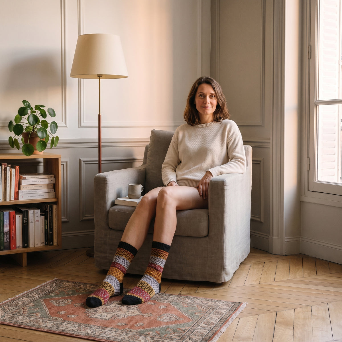 Chaussettes chaudes à damiers moutarde portées dans le fauteuil de lecture