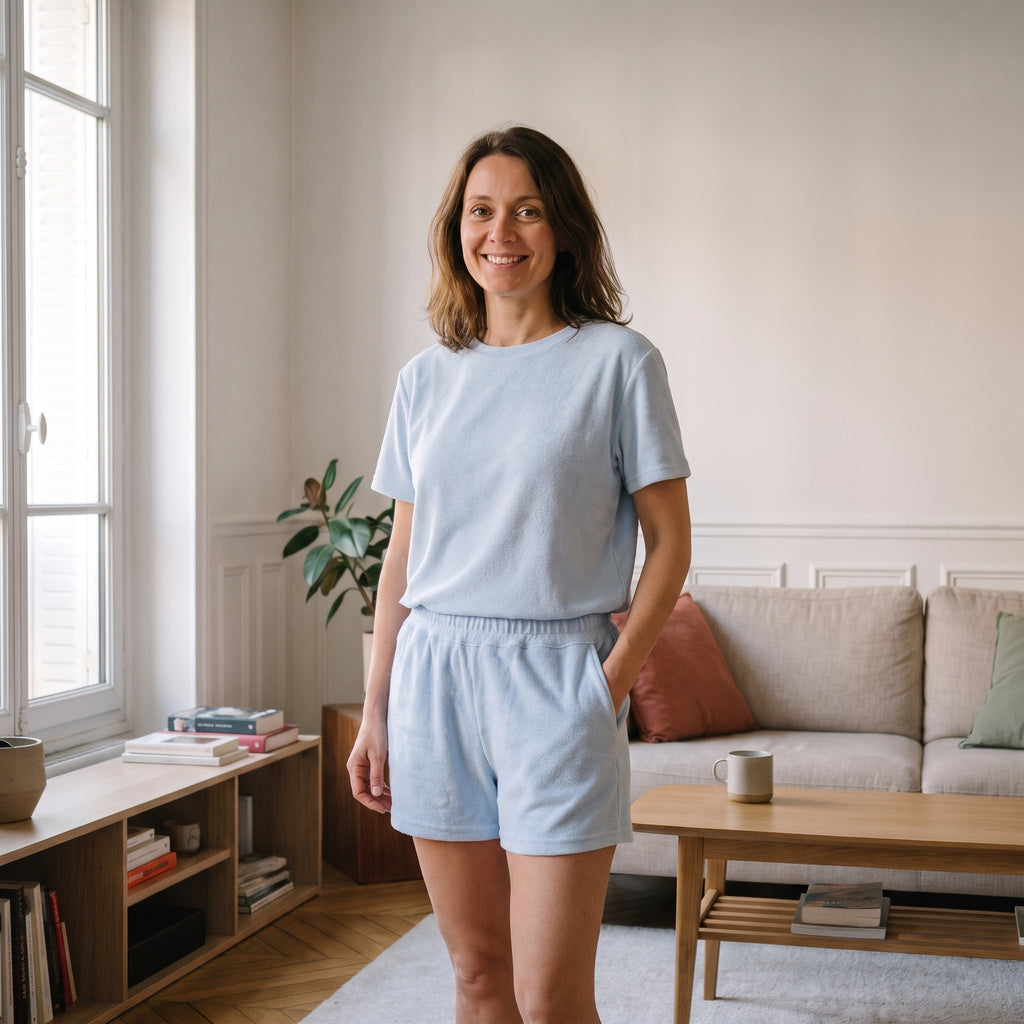 Ensemble d'été en éponge pour femme, coloris bleu ciel, t-shirt et short portés dans un salon