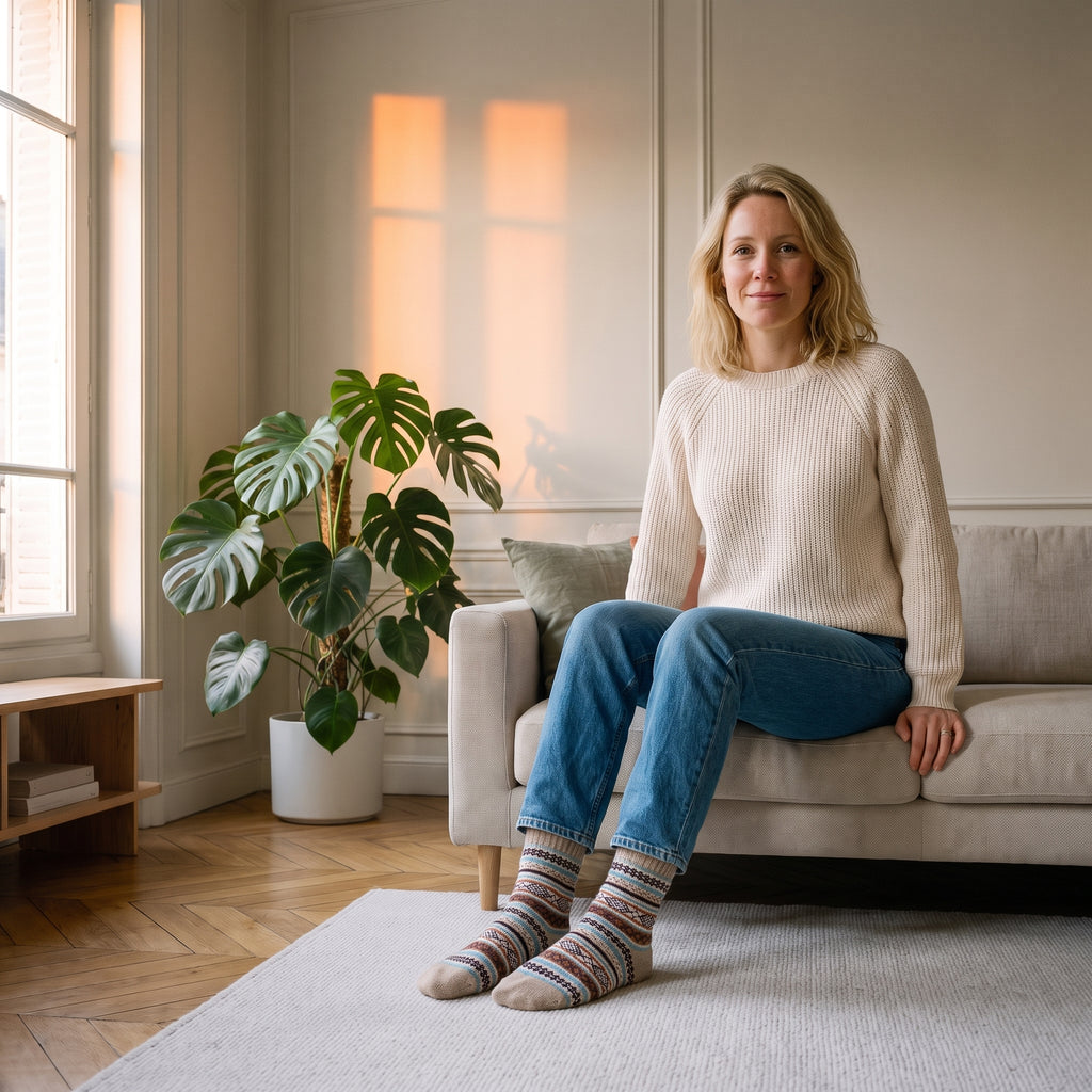 Chaussettes chaudes à frises écru et turquoise portées, assise au salon