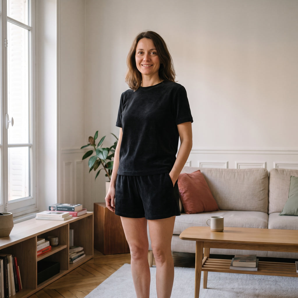 Ensemble d'été en éponge pour femme, coloris noir, t-shirt et short portés dans un salon