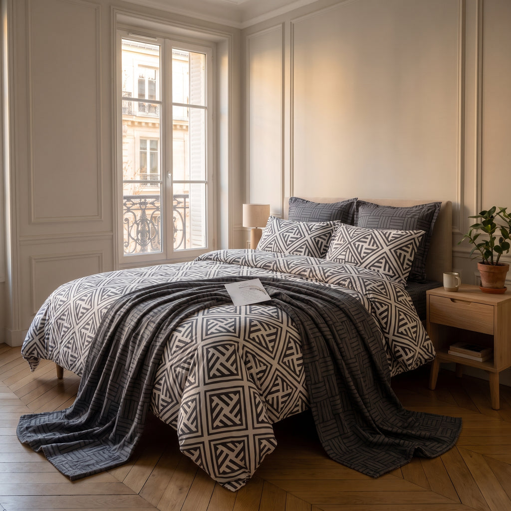 Housse de couette motif abstrait blanc sur un lit fait