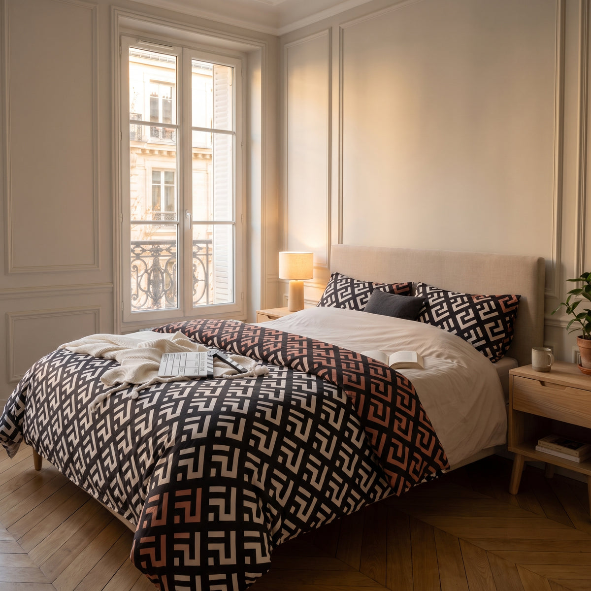 Housse de couette motif abstrait noir sur un lit fait
