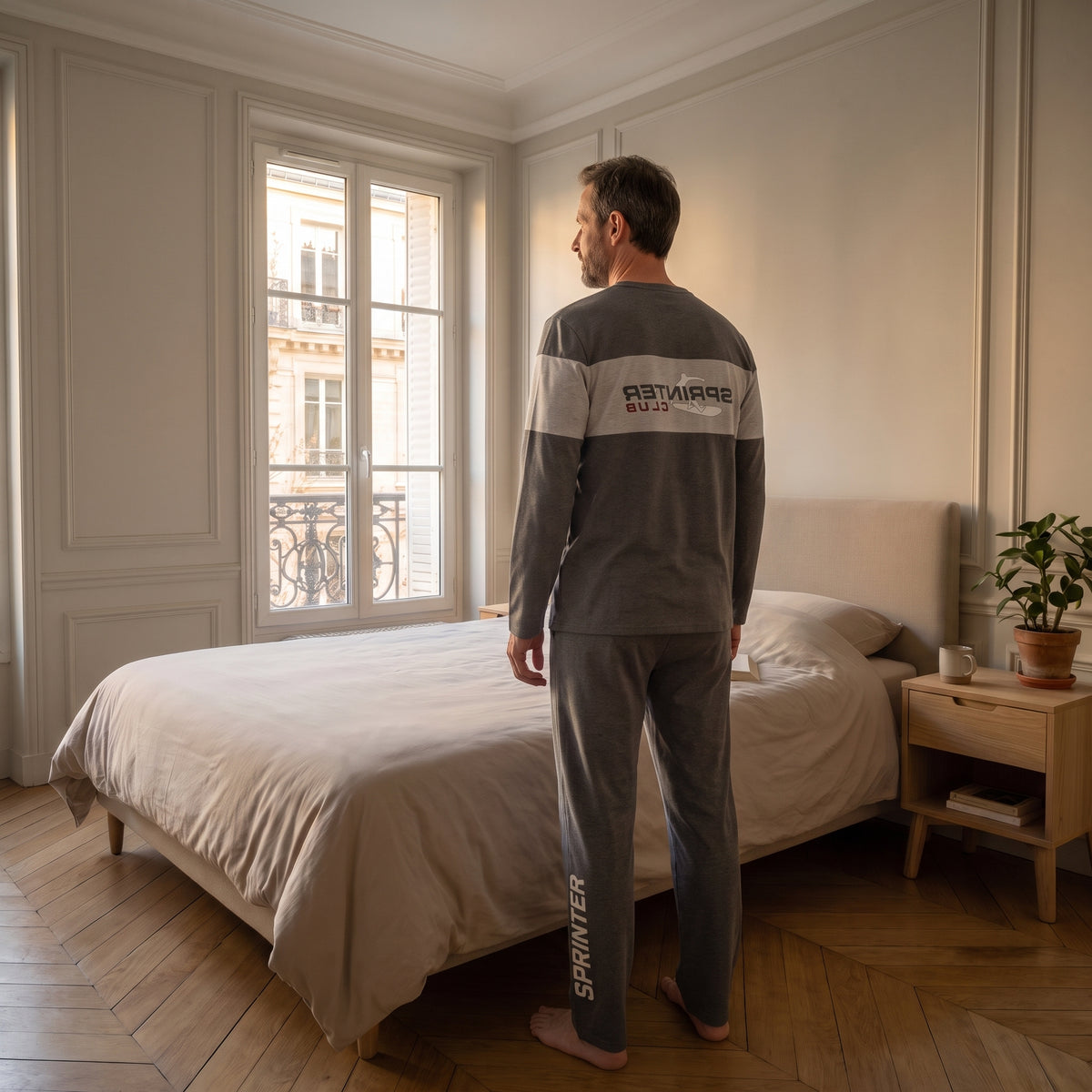 Pyjama homme anthracite à bande grise porté