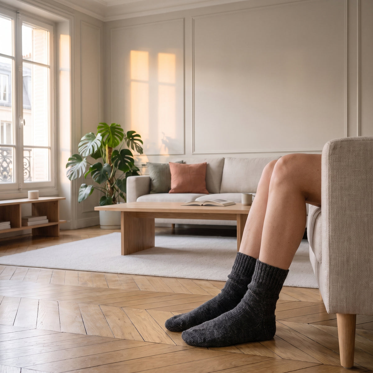 Chaussettes en laine épaisse anthracite portées