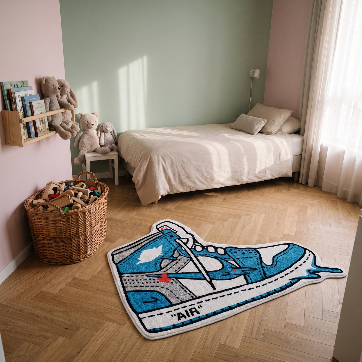 Tapis enfant basket bleu à motif bandana posé au sol