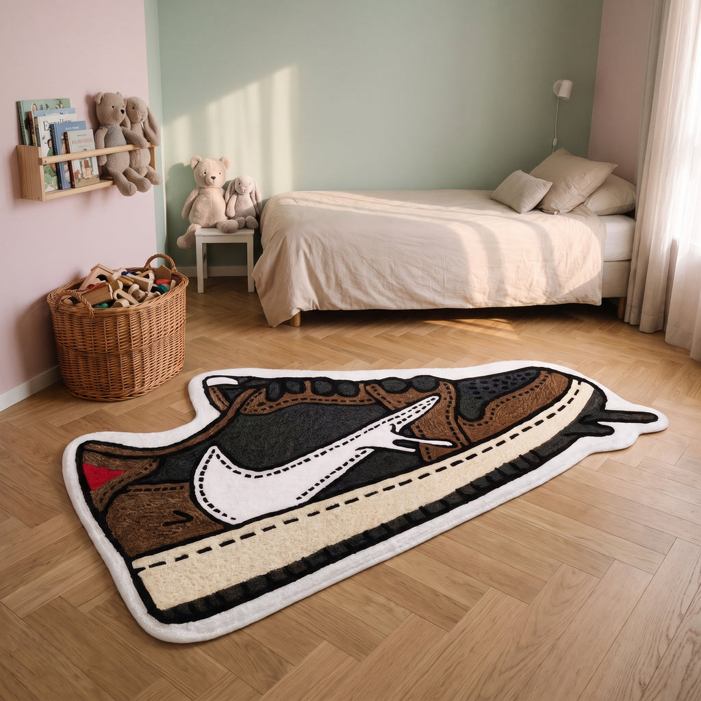 Tapis enfant basket basse marron posé au sol