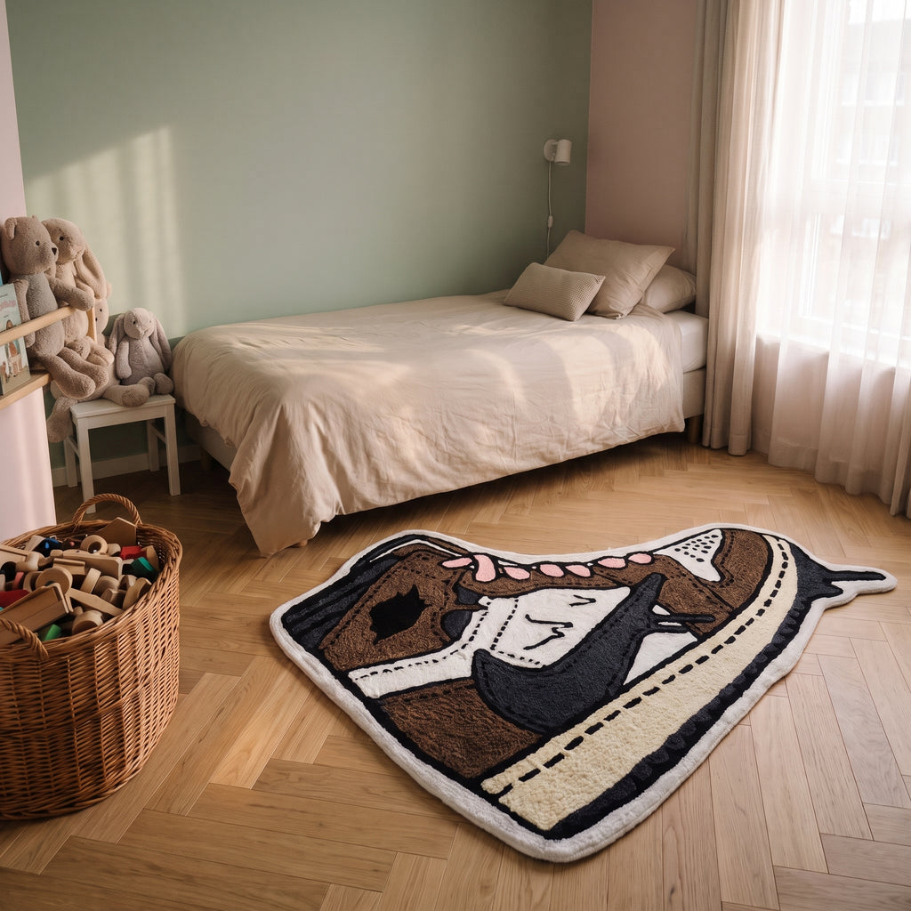Tapis enfant en forme de basket multicolore posé au sol