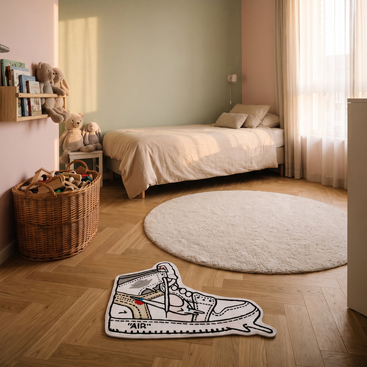 Tapis enfant basket montante blanche posé au sol