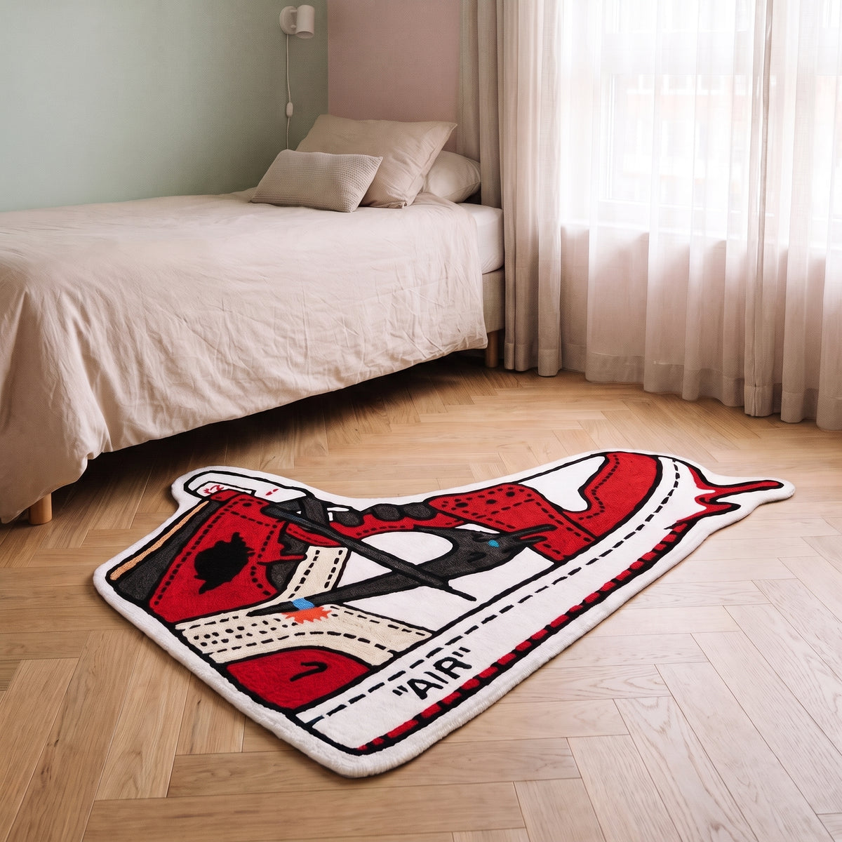 Tapis enfant en forme de basket rouge posé au sol de la chambre