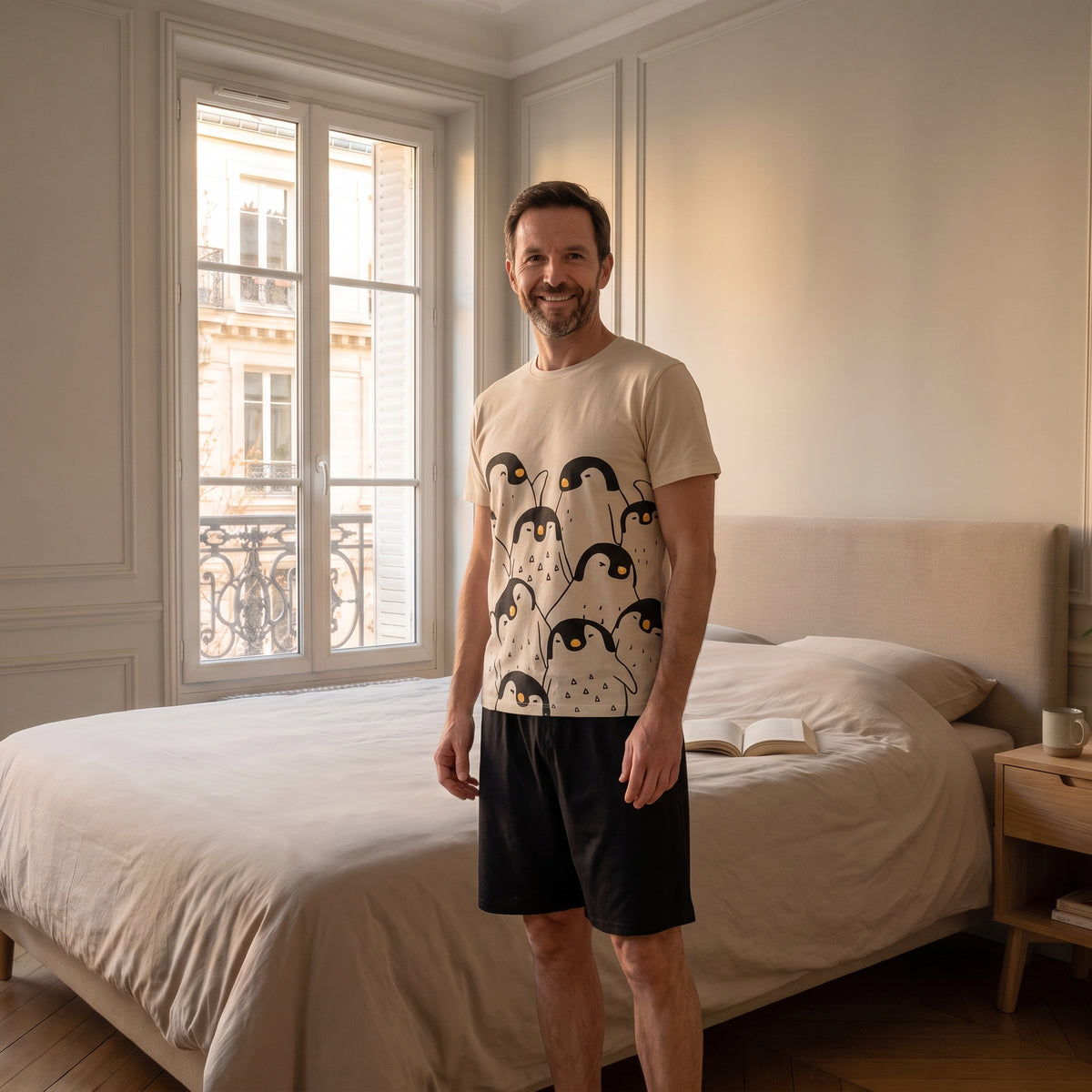 Pyjama d'été homme beige à pingouins porté par le mannequin Moment Cocooning