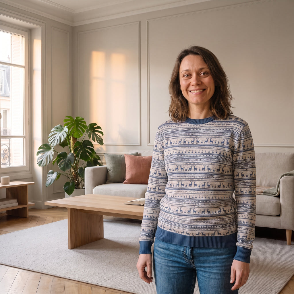 Pull de Noël beige et bleu nordique porté