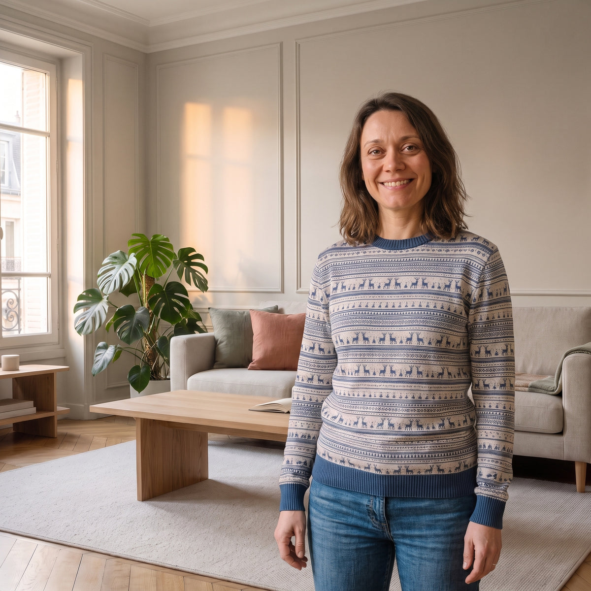 Pull de Noël beige et bleu nordique porté
