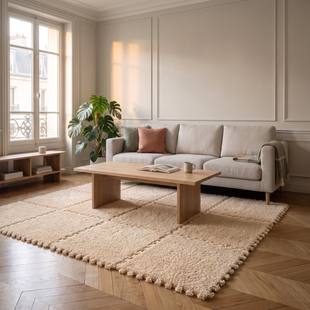 Carrés de tapis en mousse beige emboîtés dans un salon